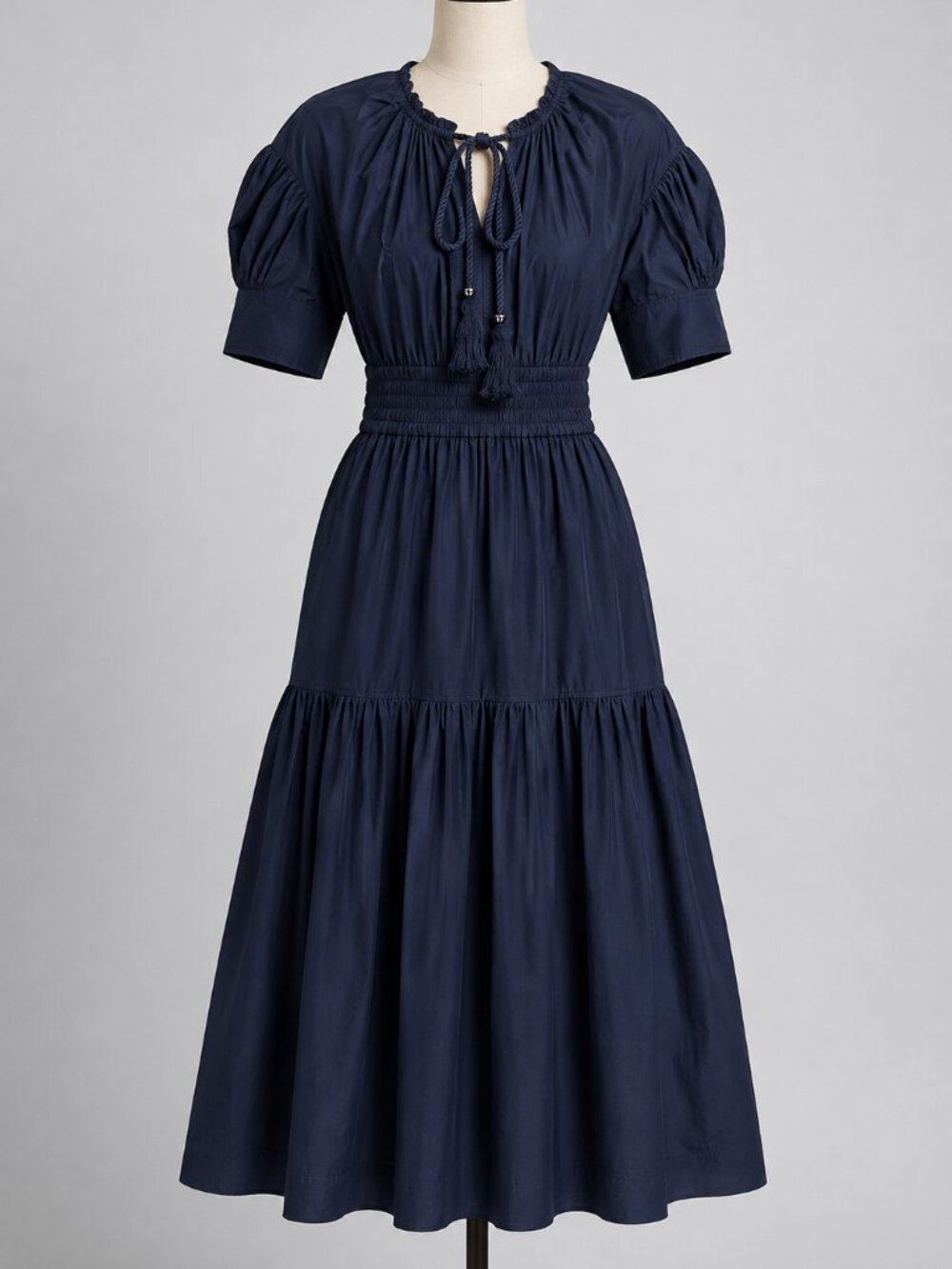 A.L.C. Dress 4 Blue Puff Sleeve VNeck Midi Fit Flare Cotton Cutout Smocked Becca